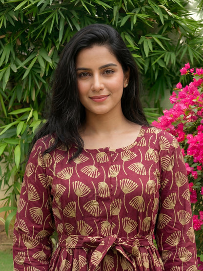 Senna Flower - Maroon - Maternity Kurti with Feeding Zips - Cotton Flex - Thicker Fabric