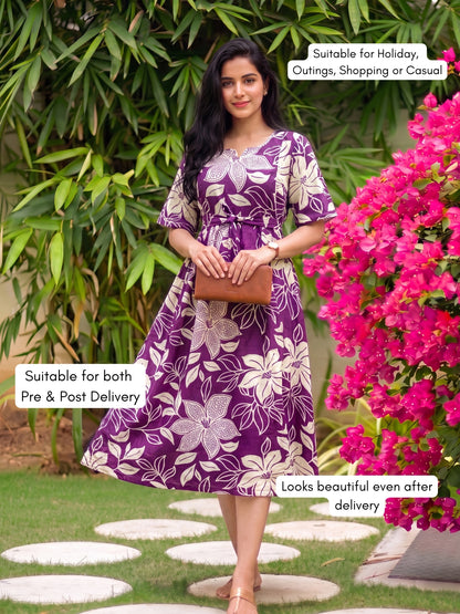 Lily Purple - Knee Length Maternity Dress with Feeding Zips - Soft Rayon