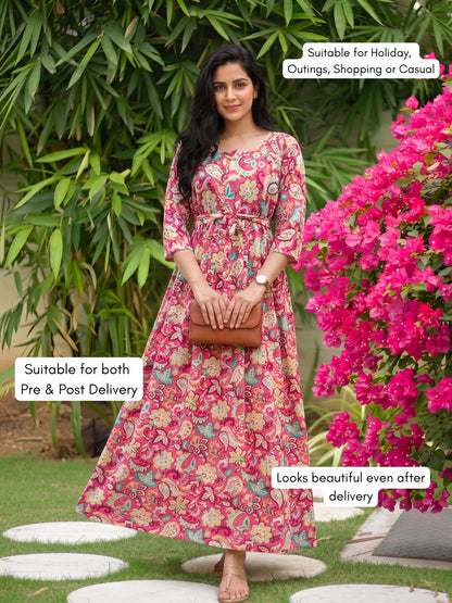 Pink Garden - Maternity Dress with Feeding Zips - Soft Rayon