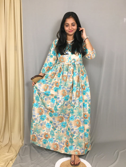 Daisy Sea Green & Brown - Maternity Kurti with Feeding Zips - Cotton Flex - Thicker Fabric