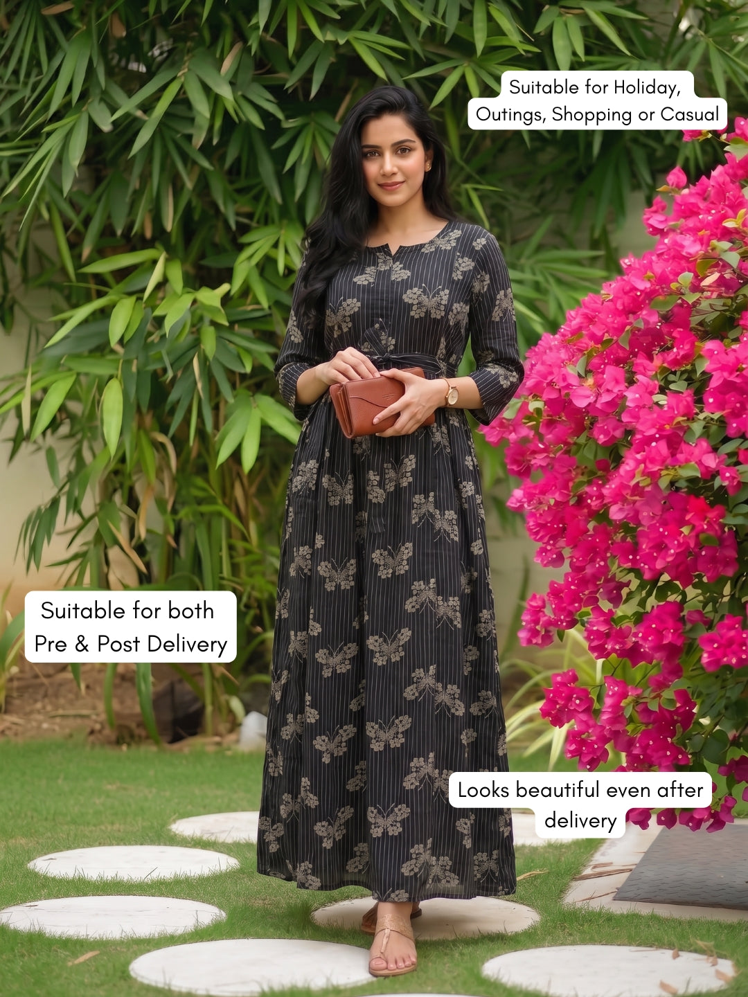 Black Butterfly - Maternity Dress with Feeding Zips - Soft Rayon