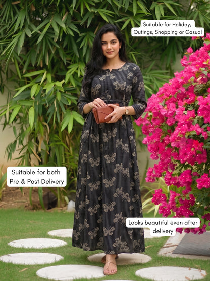 Black Butterfly - Maternity Dress with Feeding Zips - Soft Rayon