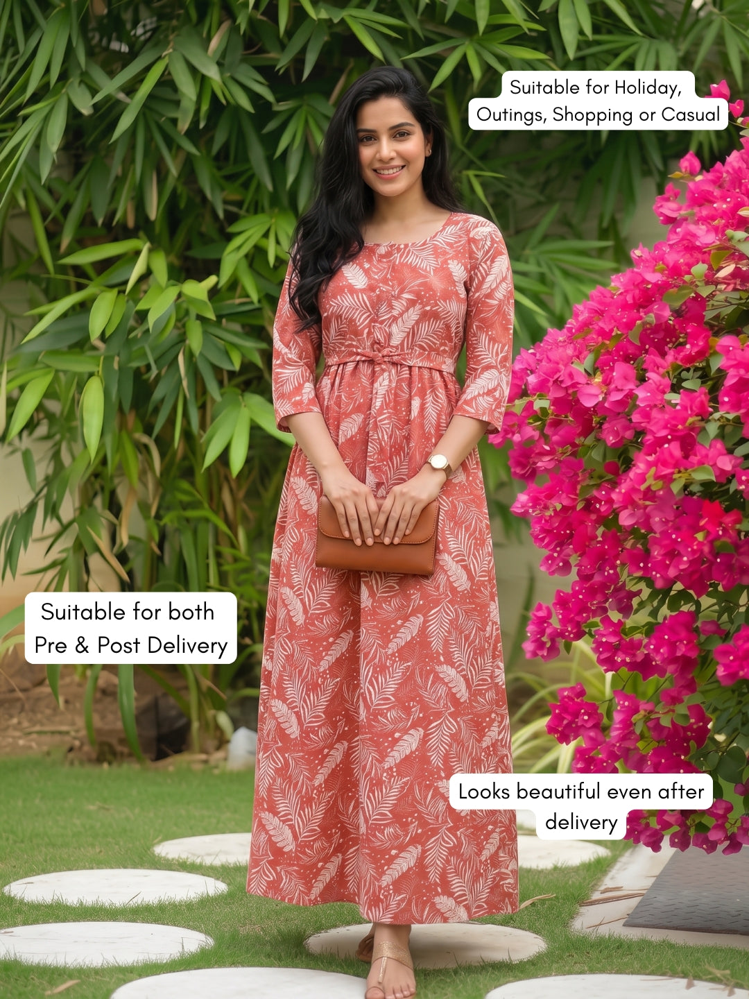 Tropical Forrest - Peach - Maternity Dress with Feeding Zips - Soft Rayon