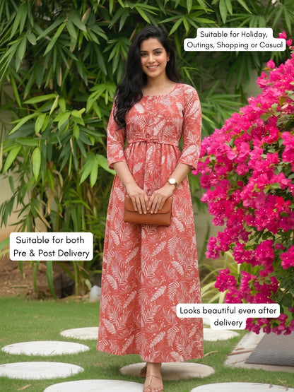 Tropical Forrest - Peach - Maternity Dress with Feeding Zips - Soft Rayon
