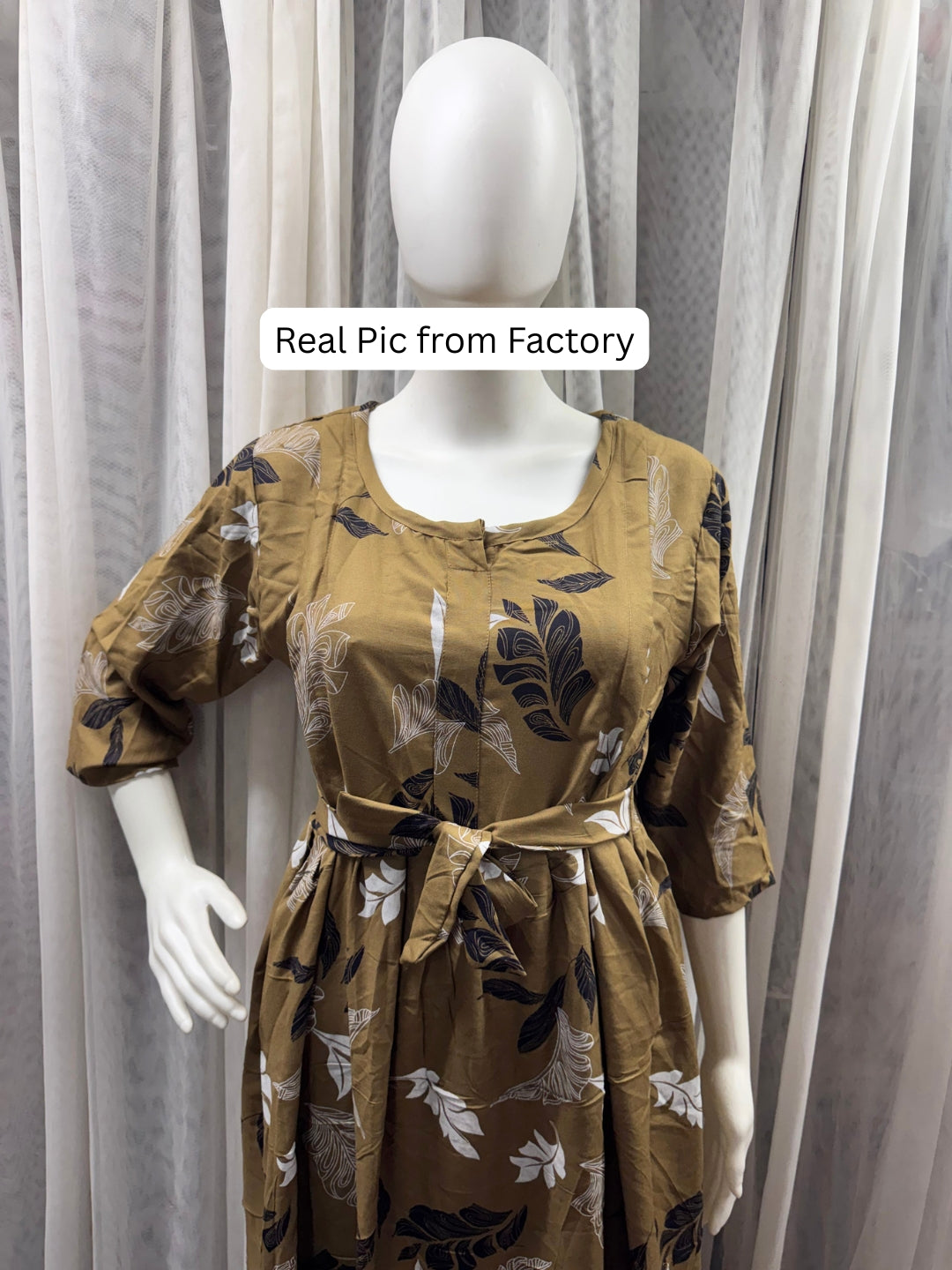 Brown White Leaf - Maternity Dress with Feeding Zips - Soft Rayon