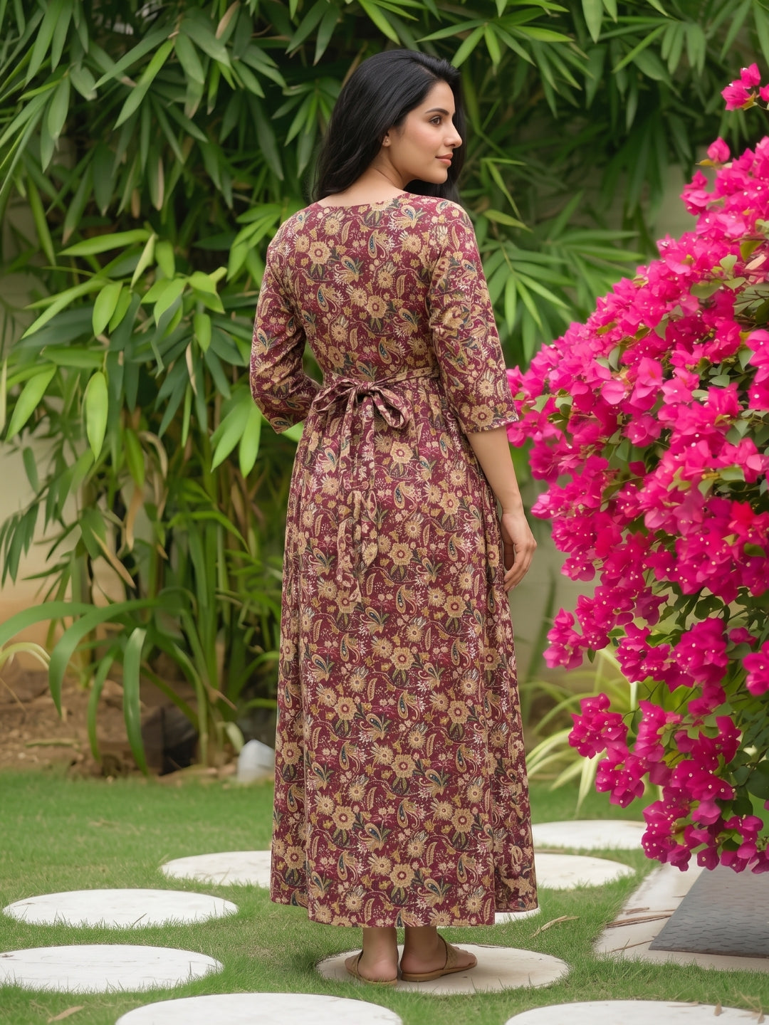 Gulmohar - Maroon - Maternity Dress with Feeding Zips - Pure Cotton