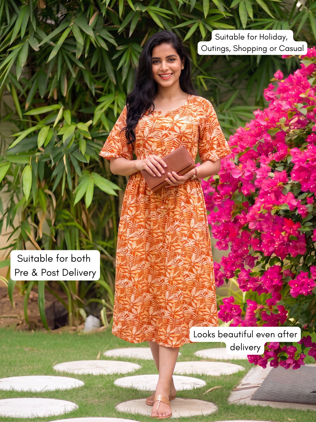 Tropical Orange White - Knee Length Maternity Dress with Feeding Zips - Soft Rayon