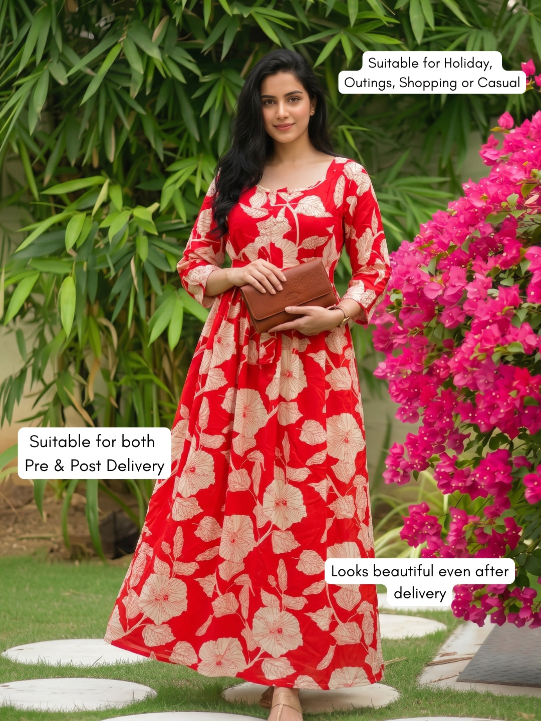 Hibiscus Orange - Maternity Dress with Feeding Zips - Soft Rayon