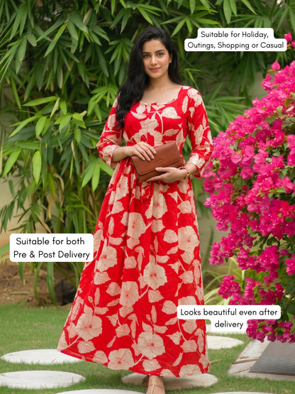 Hibiscus Orange - Maternity Dress with Feeding Zips - Soft Rayon