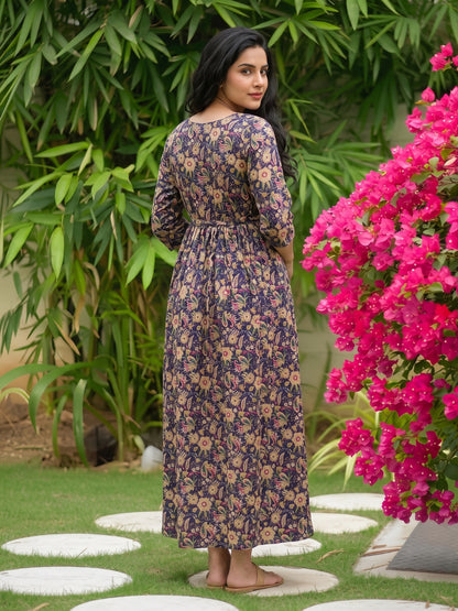 Gulmohar - Blue - Maternity Dress with Feeding Zips - Pure Cotton