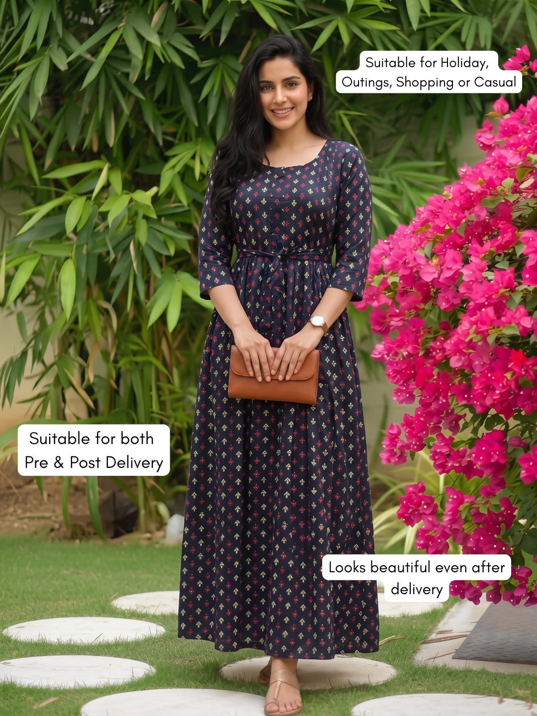 Kairavi - Blue - Maternity Dress with Feeding Zips - Soft Rayon