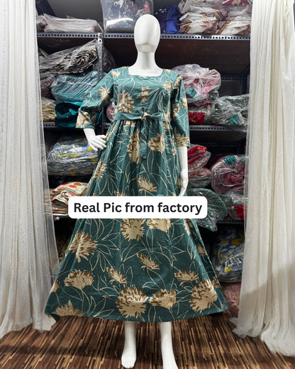 Turquoise Cream Flower - Maternity Kurti with Feeding Zips - Cotton Flex - Thicker Fabric