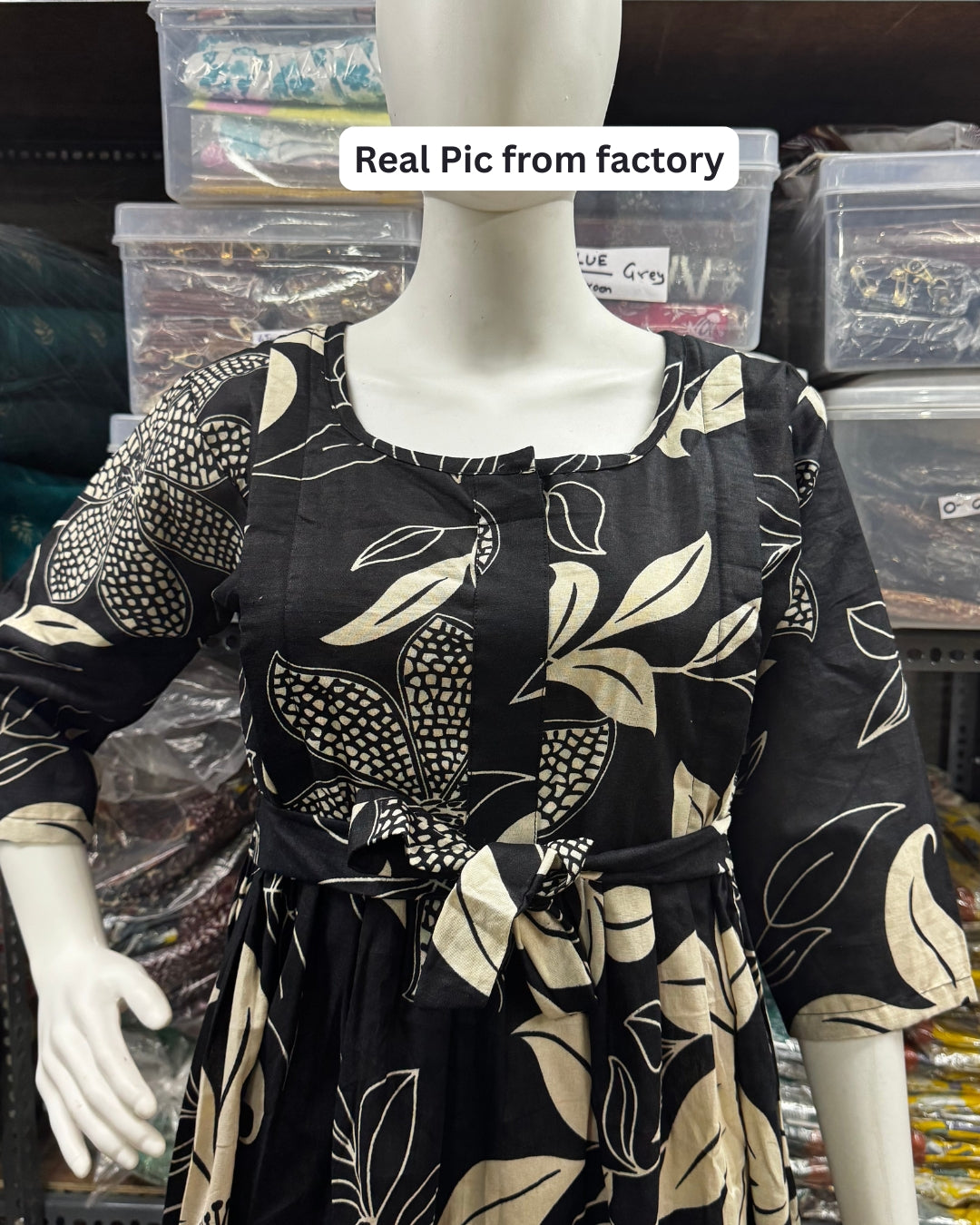 Lily Flower Black - Maternity Kurti with Feeding Zips - Cotton Flex - Thicker Fabric