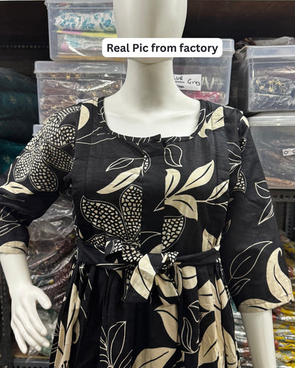 Lily Flower Black - Maternity Kurti with Feeding Zips - Cotton Flex - Thicker Fabric