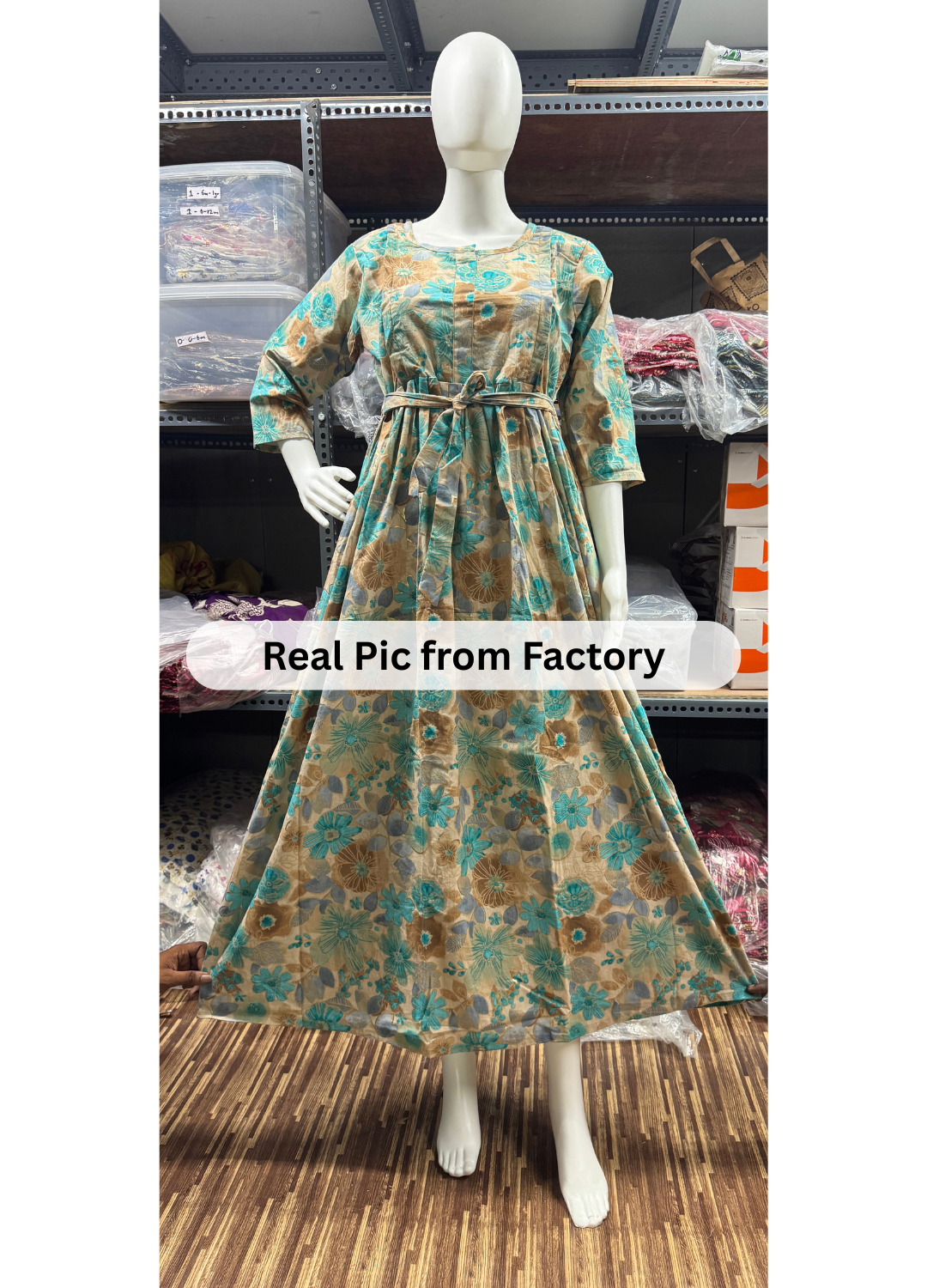 Daisy Sea Green & Brown - Maternity Kurti with Feeding Zips - Cotton Flex - Thicker Fabric