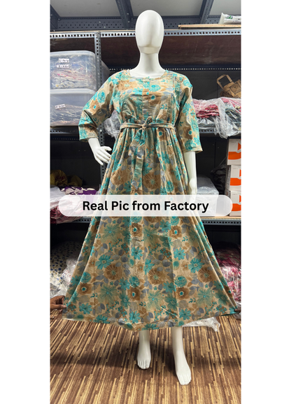 Daisy Sea Green & Brown - Maternity Kurti with Feeding Zips - Cotton Flex - Thicker Fabric