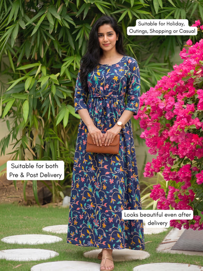 Daisy Blue- Maternity Dress with Feeding Zips - Pure Cotton