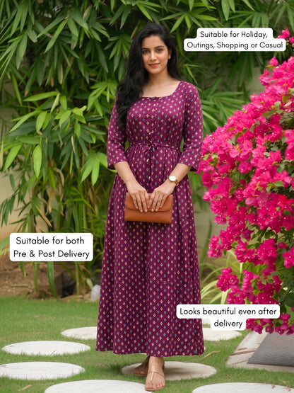 Kairavi - Purple - Maternity Dress with Feeding Zips - Soft Rayon