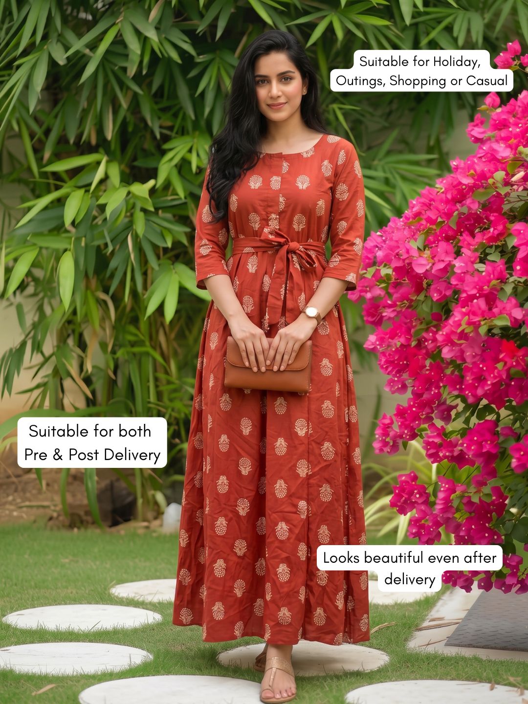 Rustic Flower - Red - Maternity Dress with Feeding Zips - Pure Cotton