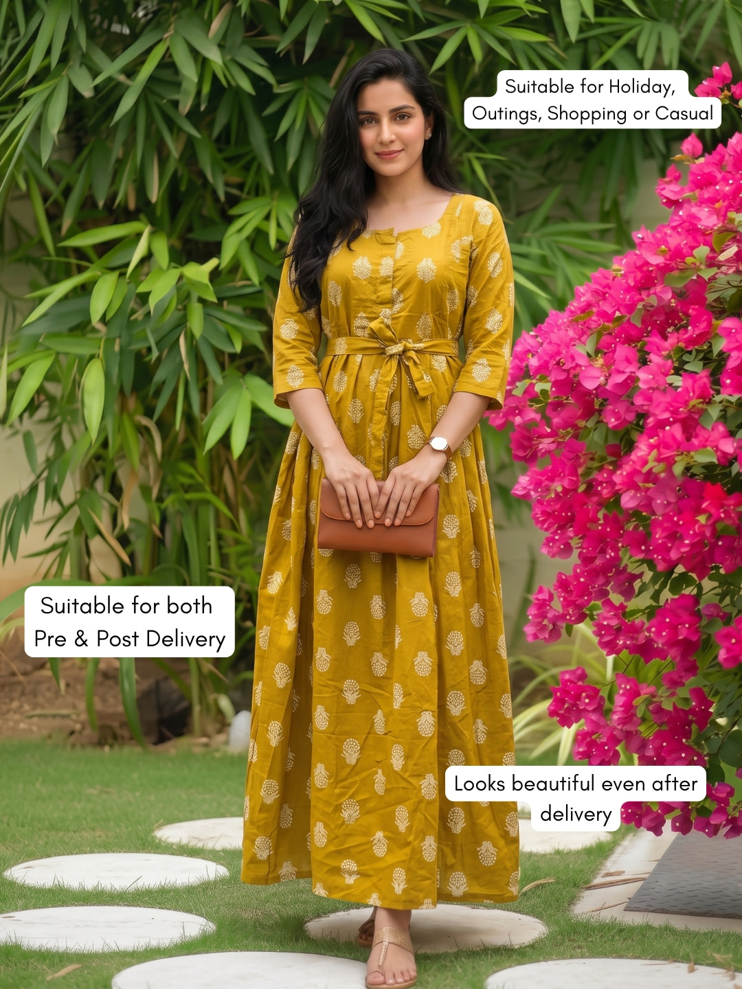 Rustic Flower - Mustard - Maternity Dress with Feeding Zips - Pure Cotton