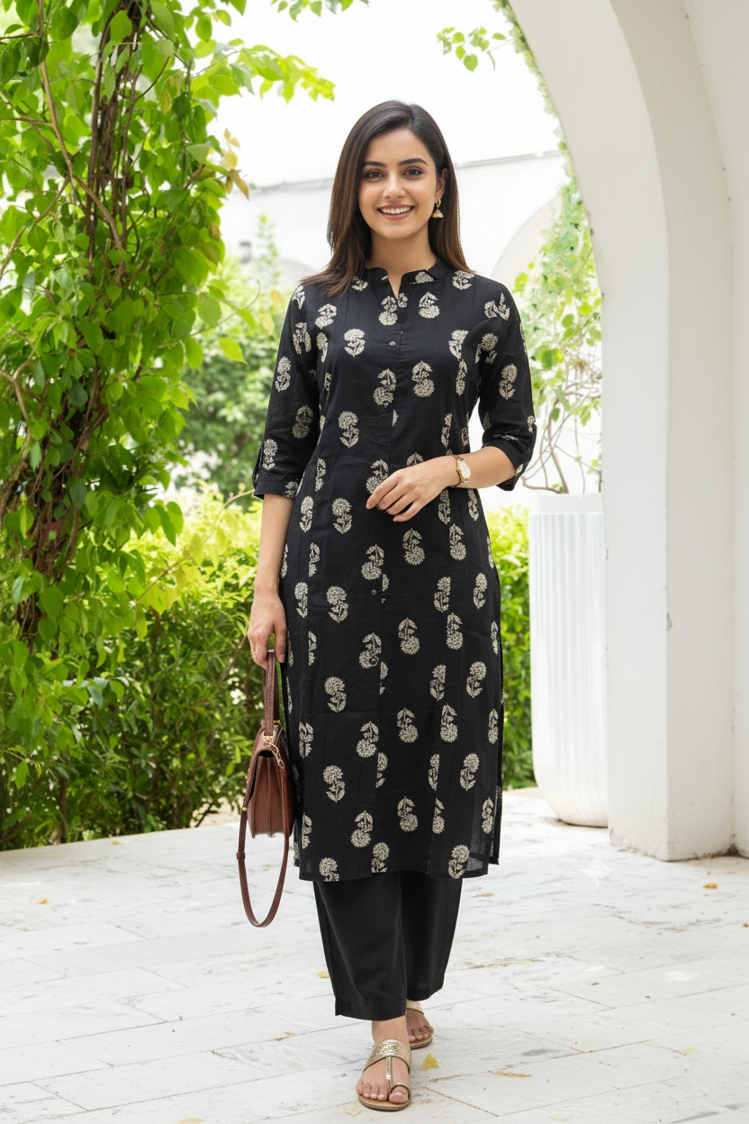 Knee Length - Black Flower - Cord Set - Pure Cotton