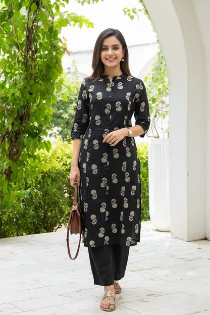 Knee Length - Black Flower - Cord Set - Pure Cotton