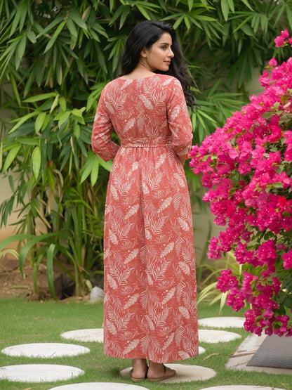 Tropical Forrest - Peach - Maternity Dress with Feeding Zips - Soft Rayon