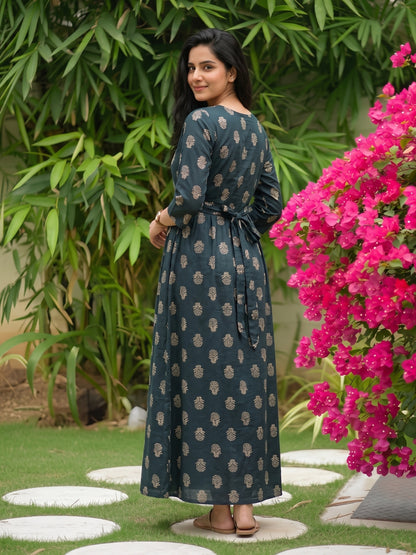 Rustic Flower - Blue - Maternity Dress with Feeding Zips - Pure Cotton