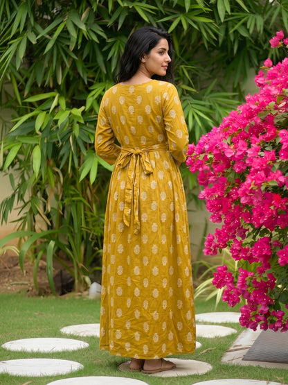 Rustic Flower - Mustard - Maternity Dress with Feeding Zips - Pure Cotton