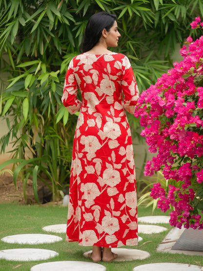 Hibiscus Orange - Maternity Dress with Feeding Zips - Soft Rayon