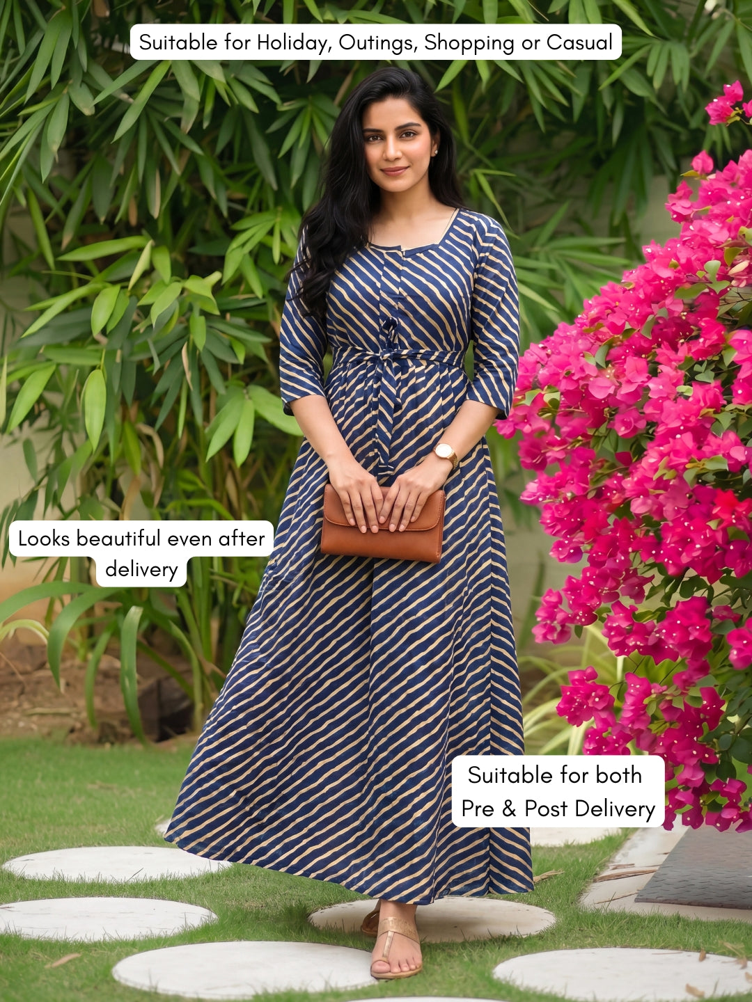 Stripes - Royal Blue - Maternity Kurti with Feeding Zips - Soft Rayon