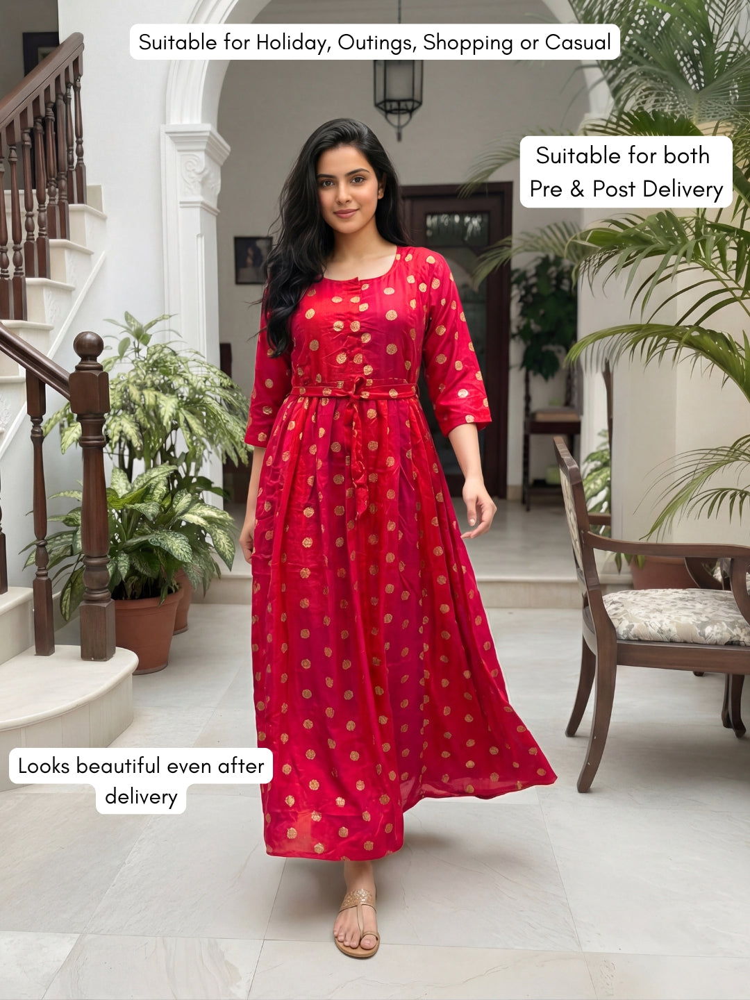 Gold Flower - Pink Red  - Maternity Kurti with Feeding Zips - Soft Rayon