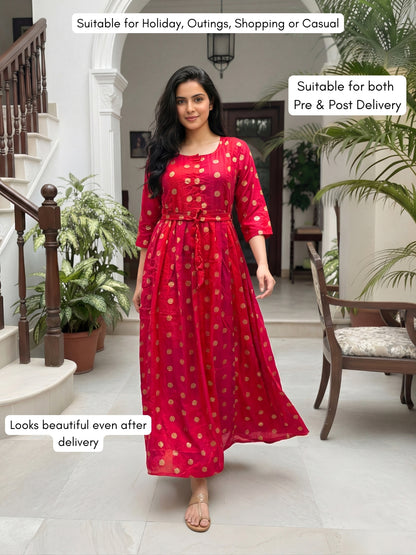 Gold Flower - Pink Red  - Maternity Kurti with Feeding Zips - Soft Rayon