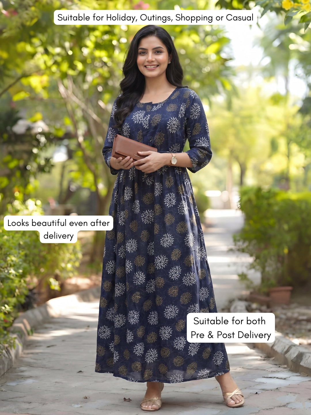 Marigold Rayon - Blue White - Maternity Kurti with Feeding Zips - Soft Rayon