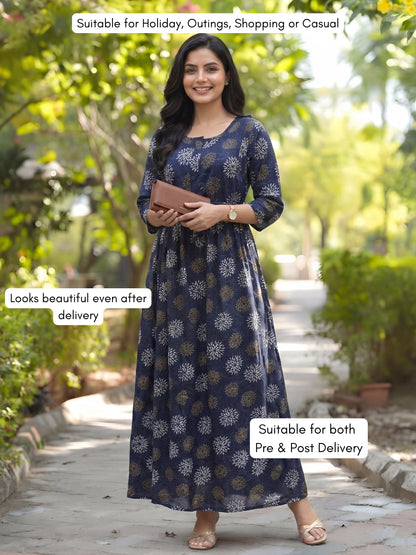 Marigold Rayon - Blue White - Maternity Kurti with Feeding Zips - Soft Rayon