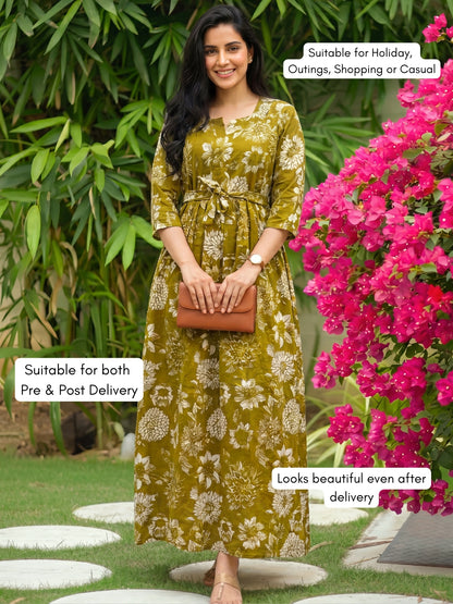 Marigold Mehendi - Maternity Dress with Feeding Zips - Pure Cotton