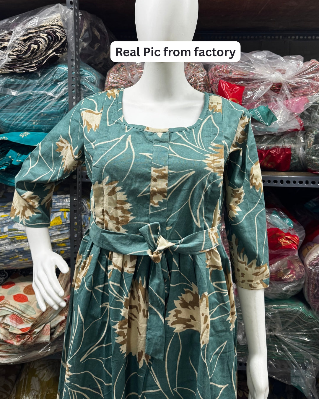 Turquoise Cream Flower - Maternity Kurti with Feeding Zips - Cotton Flex - Thicker Fabric