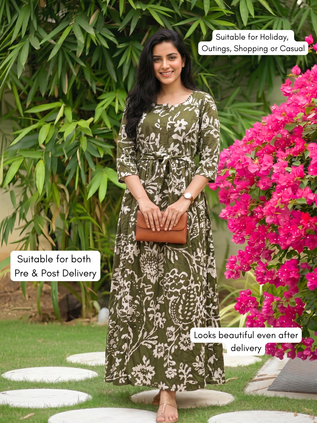 Florenza Green - Maternity Dress with Feeding Zips - Soft Rayon