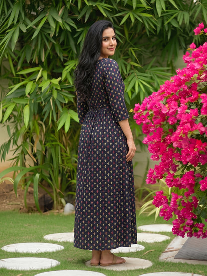 Kairavi - Blue - Maternity Dress with Feeding Zips - Soft Rayon