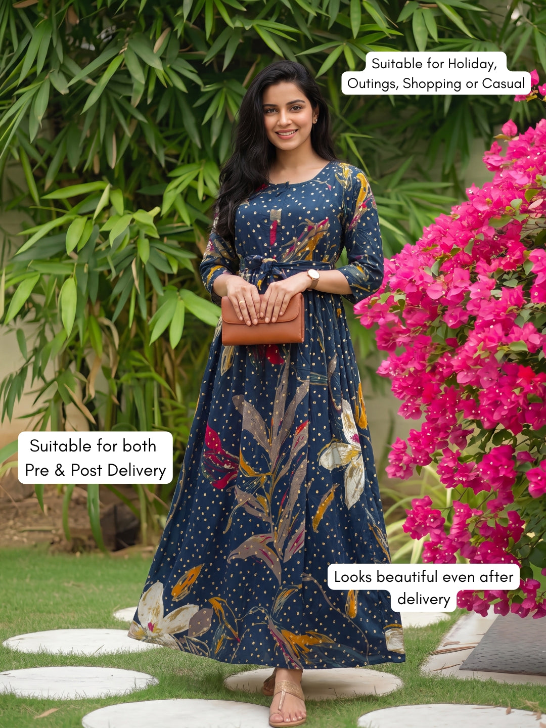 Nerium Flower - Blue - Maternity Kurti with Feeding Zips - Soft Rayon
