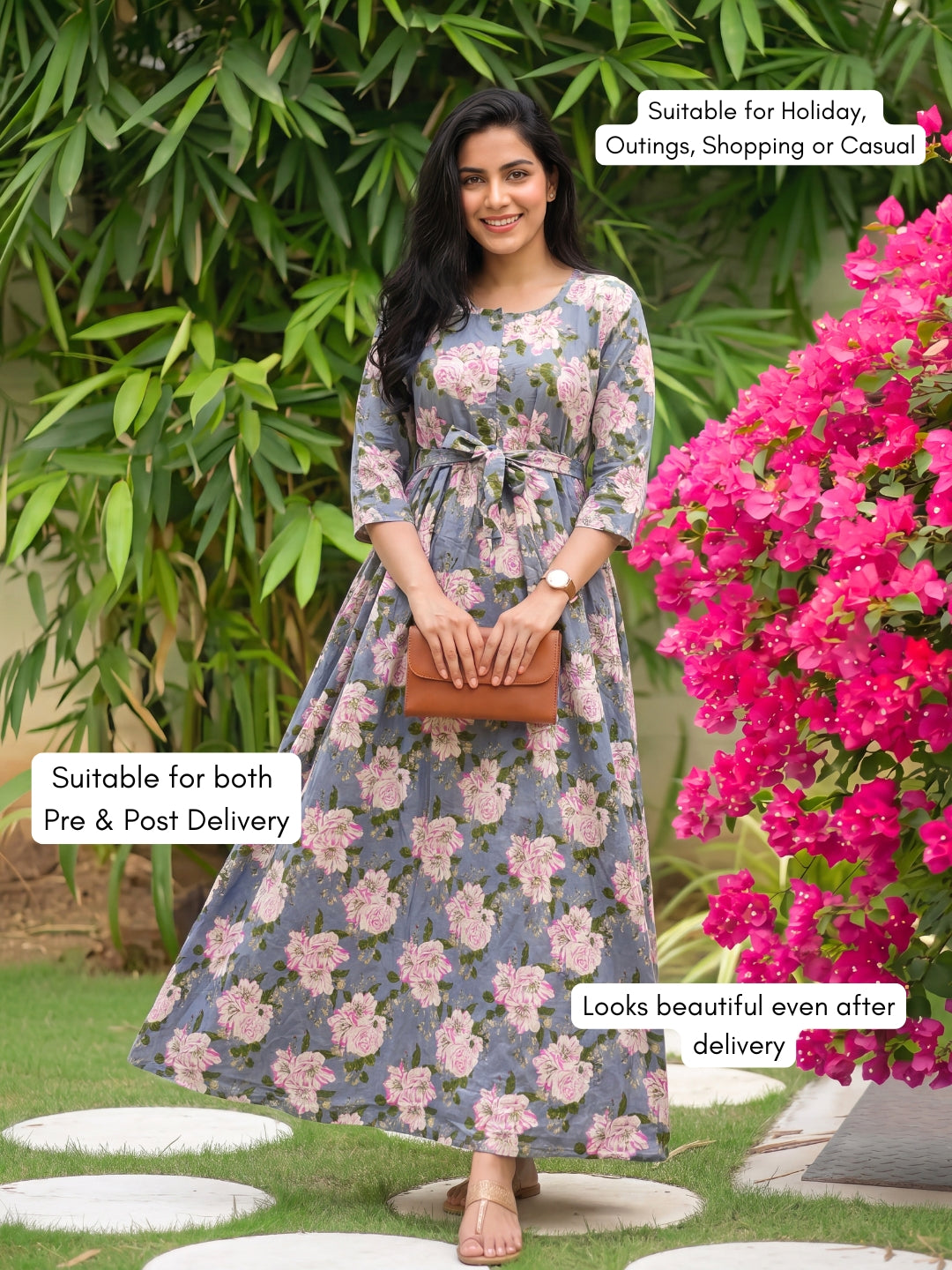 Exotic Flower - Sky Blue - Maternity Dress with Feeding Zips - Pure Cotton