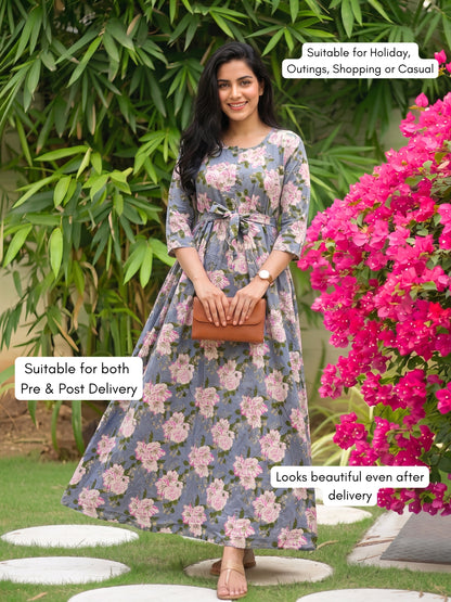 Exotic Flower - Sky Blue - Maternity Dress with Feeding Zips - Pure Cotton