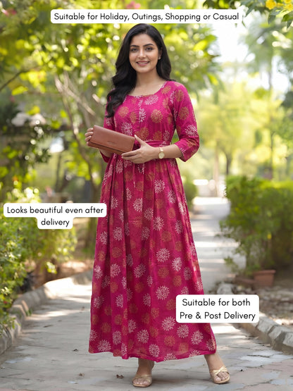 Marigold Rayon - Pink White - Maternity Kurti with Feeding Zips - Soft Rayon