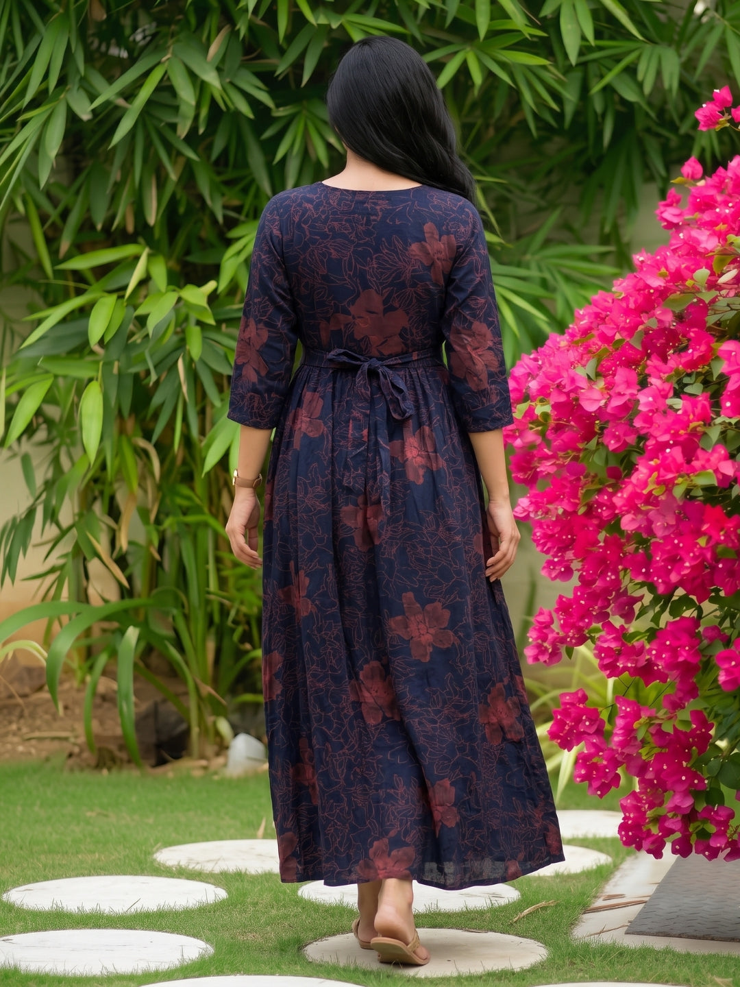 Hibiscus Blue Pink - Maternity Dress with Feeding Zips - Soft Rayon