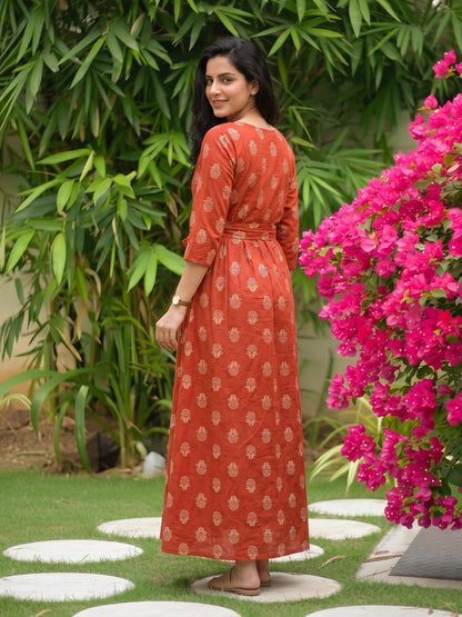 Rustic Flower - Red - Maternity Dress with Feeding Zips - Pure Cotton