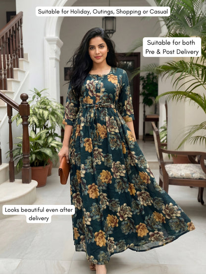 Gold & Cream Flower - Peacock Blue - Maternity Kurti with Feeding Zips - Soft Rayon