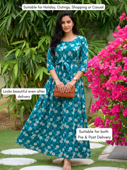 White Flower - Sea Blue - Maternity Kurti with Feeding Zips - Soft Rayon