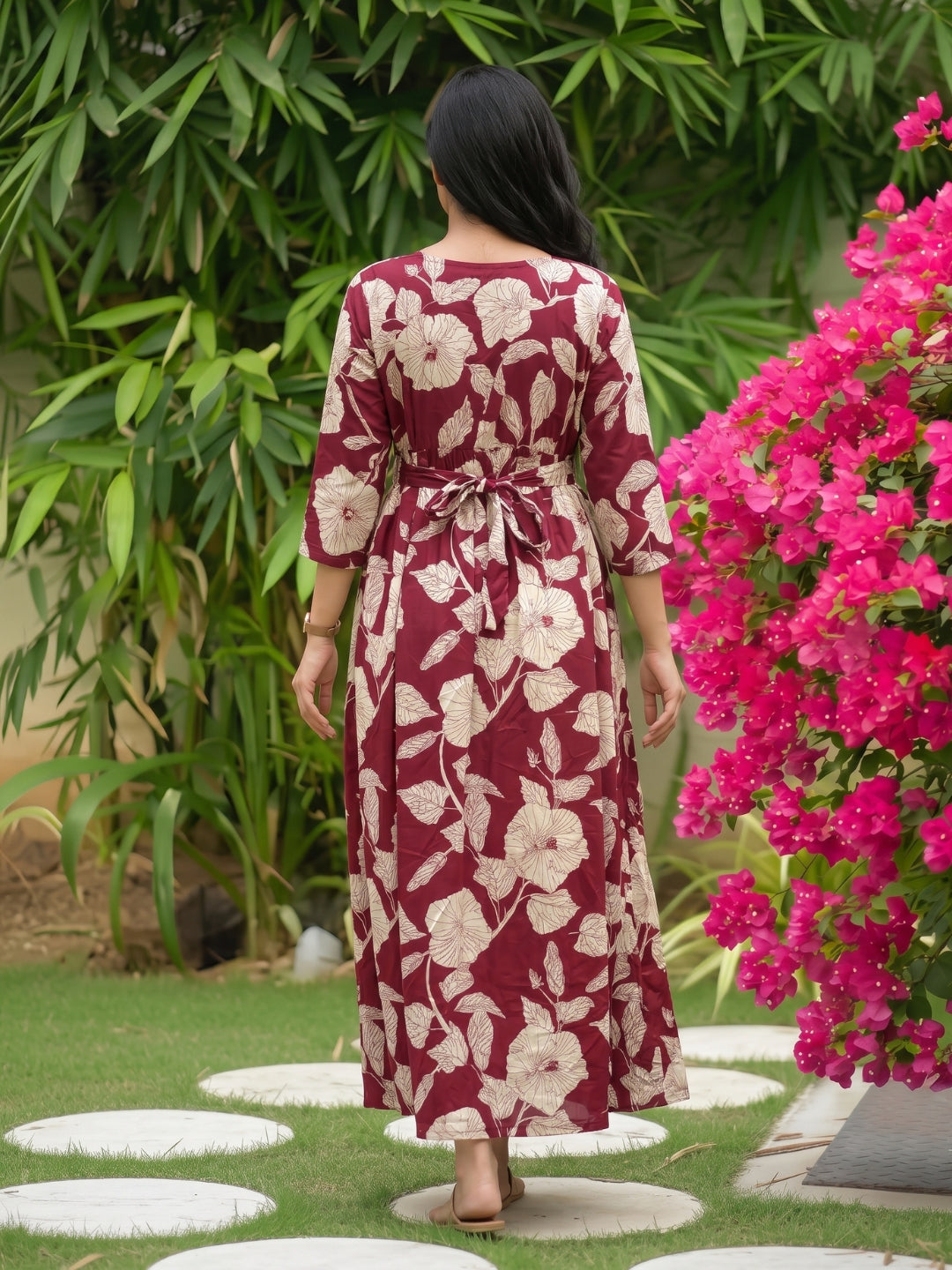 Hibiscus Maroon White - Maternity Dress with Feeding Zips - Soft Rayon