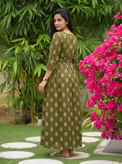 Rustic Flower - Green - Maternity Dress with Feeding Zips - Pure Cotton