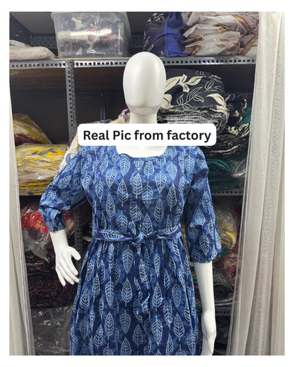 Blue White Leaves - Maternity Kurti with Feeding Zips - Cambric Cotton